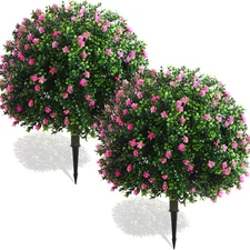 Set of 2 Artificial Boxwood Topiary Ball Tree Fake Bushes Shrubs Outdoor Faux...