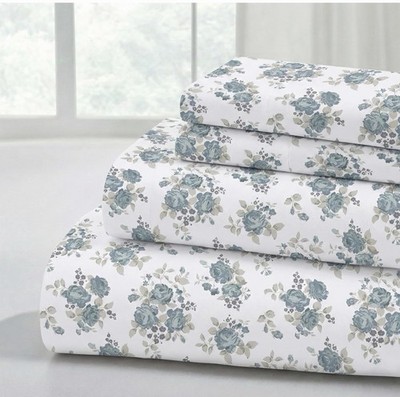 Sheet Set Modern Threads 3-Piece Twin Size Printed  Microfiber Light Blue Roses