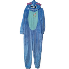 Disney Stitch Union Suit Womens Sz L 12-14 Hooded Plush One-Piece Pajamas Zip-Up