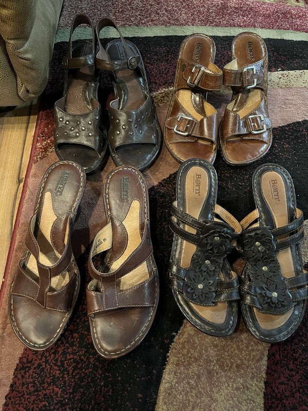 4 pairs BORN heeled leather sandals size 10 varying shades of brown GUC