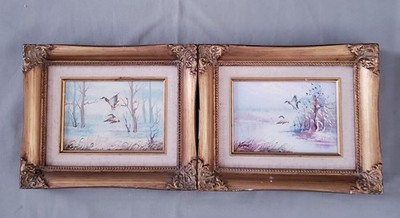 Two Vintage Oil Painting Small Gold Gilded Framed Landscape Ducks 