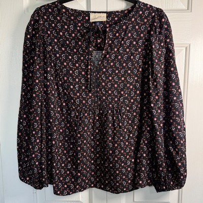 Universal Thread Womens Floral Split Neck Tie Blouse Black Pink Orange Medium