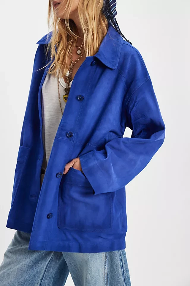 Blue Leather Jacket Women Pure Suede Casual Size XS S M L XL XXL Custom Made