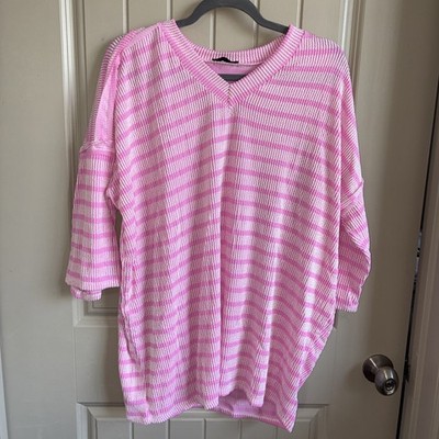 Heimish M Oversized Pink Striped 3/4 Sleeve Stretchy Top