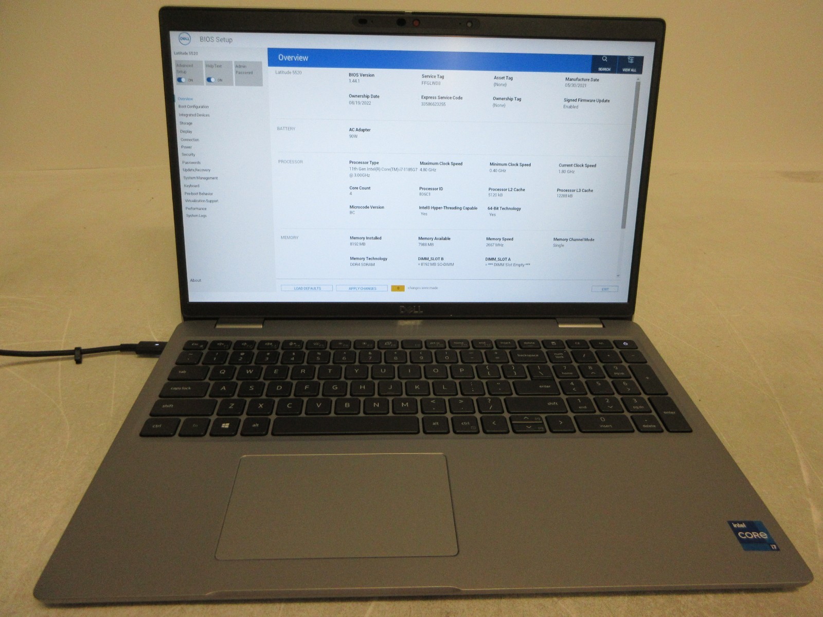 Dell Latitude 5520 Core i7-1185G7 3.00GHz No HD No Pwr Adapter No Bottom Cover