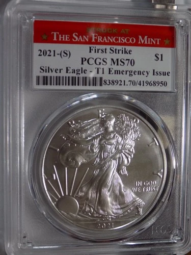 2021-(S) T1 Amer Silver Eagle - PCGS MS70 SF Mint Emergency Issue - First Strike