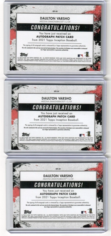 Daulton Varsho 2021 Topps Inception Auto Patch Cards Lot /25 /75 /99 APC-DV - Image 2 of 4