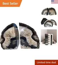 Elegant Black Agate Bookends - Polished Geode Book Holders with Rubber Bumpers