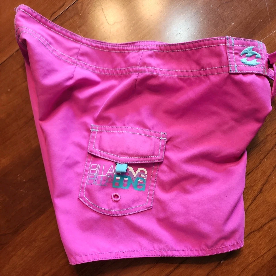 Pantalones Cortos de Natación Billabong Niñas Talla 12 Rosa Teal Logo con Bolsillo Foto 2 de 4