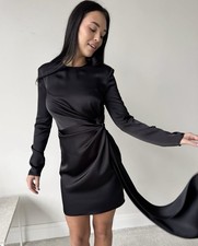 BNWT!! Boohoo Black Long Sleeve Drape Front Bodycon Dress Size 10 Cocktail Eveni