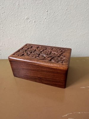 Pretty Carved Wooden Box W/ Slide Opening In Bottom