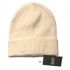 DKNY Women's Embossed Logo Cuffed Beanie Ivory White Os