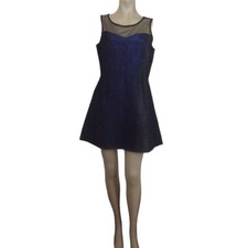 Windsor Small Blue Metallic Textured Sleeveless Sheath Dress Black Lace Inset