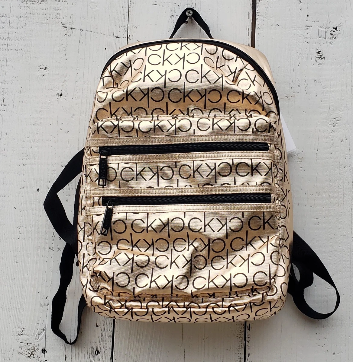 Calvin Klein CK Gold Metallic Logo Print Designer Backpack NEW Women&#039;s Bag eBay