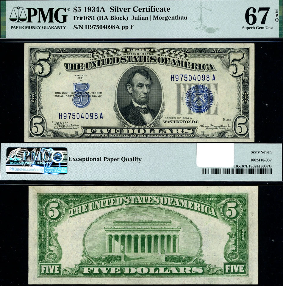 FR. 1651 $5 1934-A Certificado de Plata Bloque H-A Excelente PMG CU67 EPQ