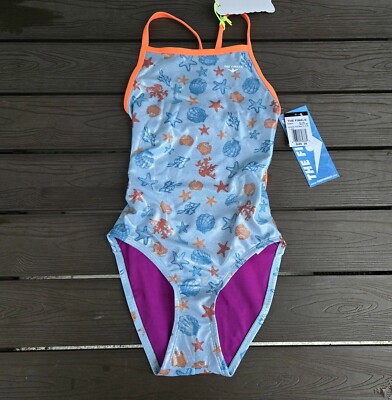 TYR The Finals Womens Under The Sea Foil Flutterback Swimsuit Blue Orange 32 New