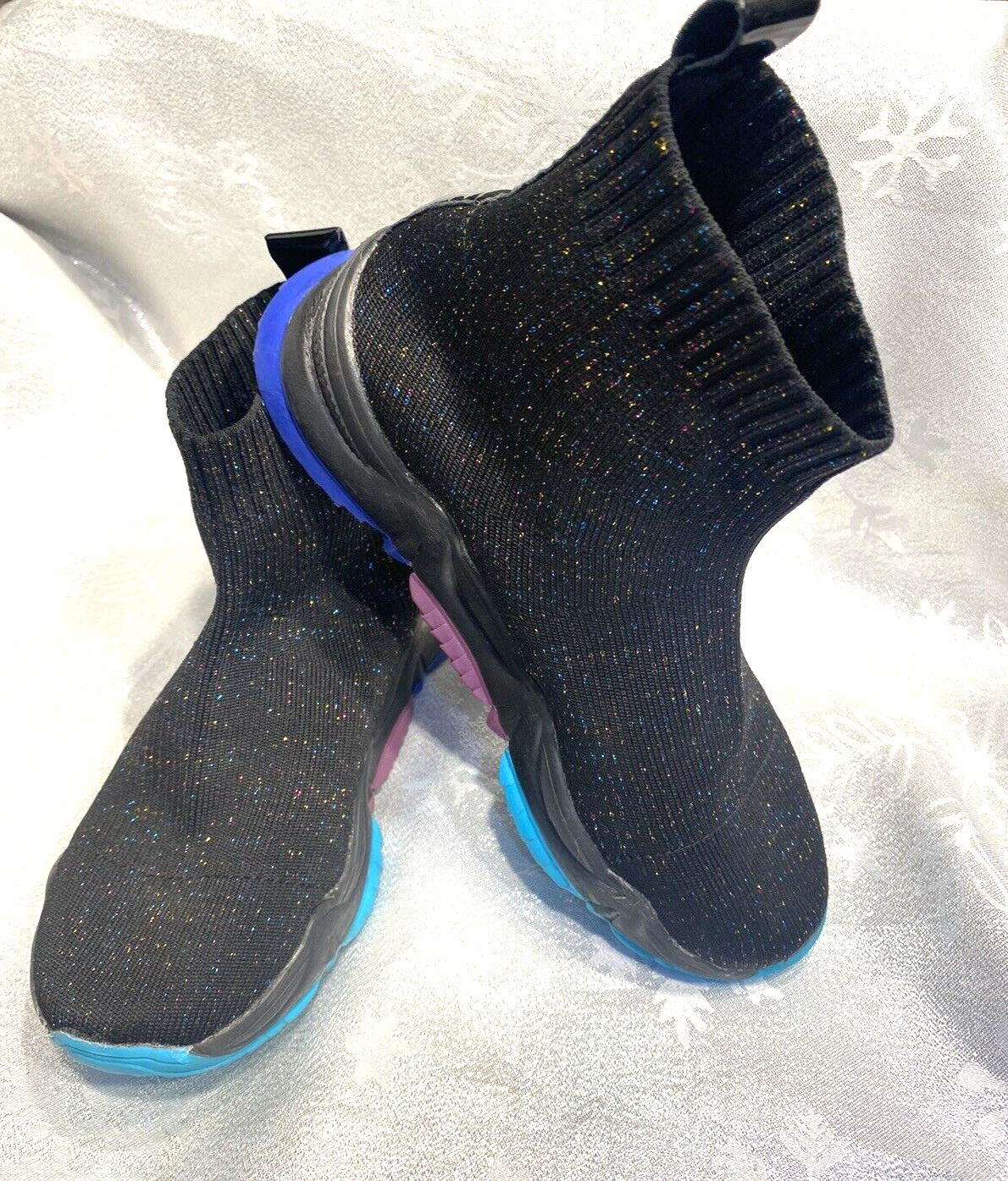 SAOLA Stivali calzini glitter neri alla moda suola grossa River Island taglia UK2 5