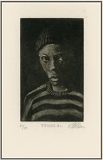 African Senegal Migrant Boy Portrait.  Original Impressionist MEZZOTINT Signed