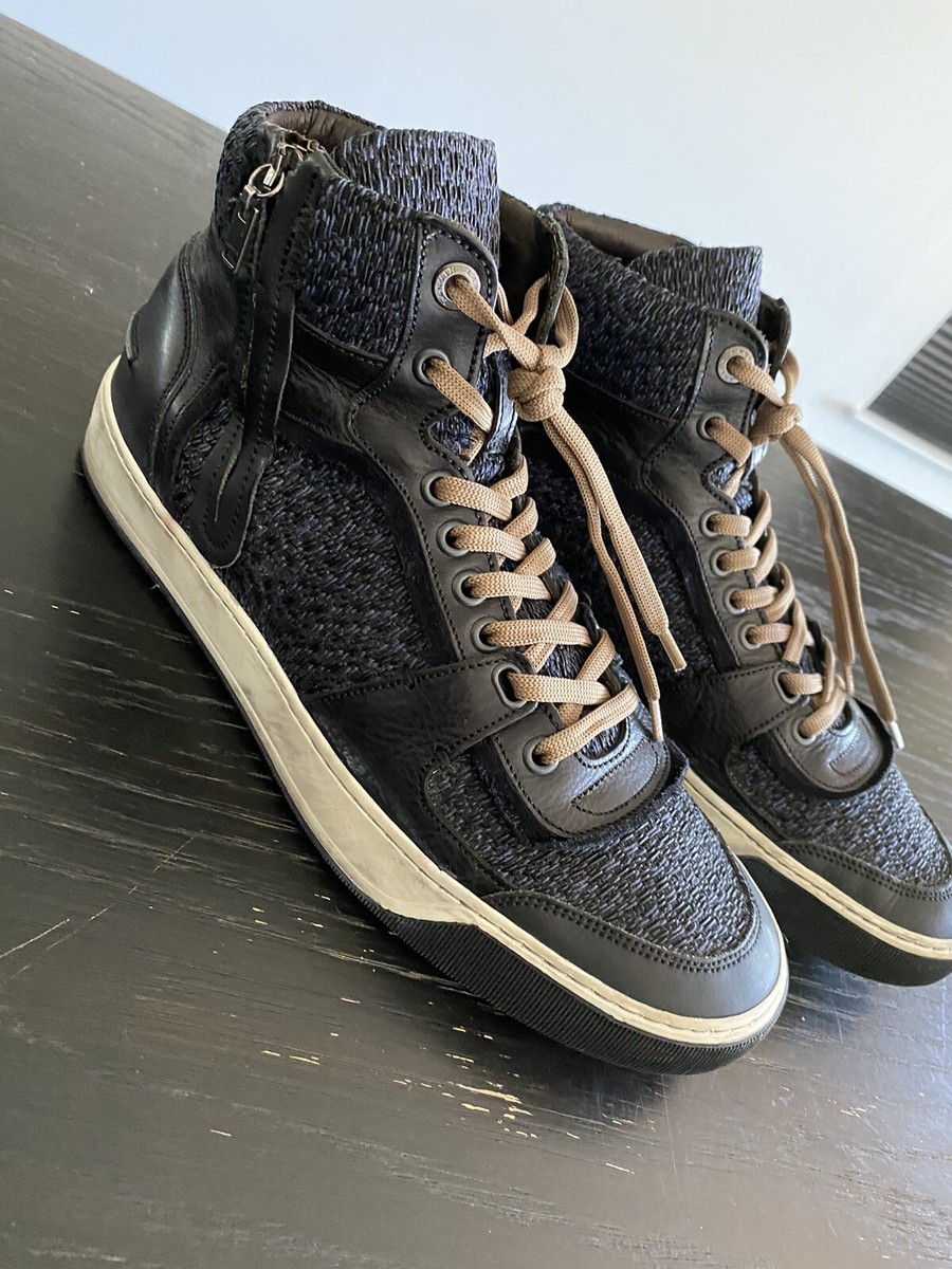 Lanvin Men's Dark Blue Suede Leather Textured Mid Zip Sneakers UK8