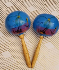 Vintage Maracas Hnd Painted Gourd Wood Handles Puerto Rico Souvenir Instrument