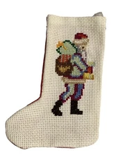 Mini Crosstitch Christmas Stocking Ornament Santa Claus W/ Toy Sack