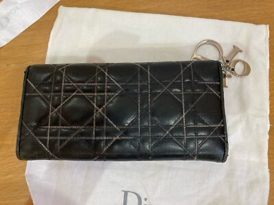 Authentic Christian Dior Long Wallet Black Leather with Logo Charm