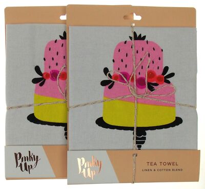 Pinky Up Piece of Cake Tea Towel Set 2 Pink Linen Cotton Dish 20x32 Kitchen Gift