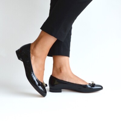 Damenschuhe Italien Ballerina Lackleder LOGO Schwarz NP 130