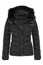 Womens Quilted Pocket Belt Padded Jacket Proof Warm Fur Zip Hooded Long UK 8-16