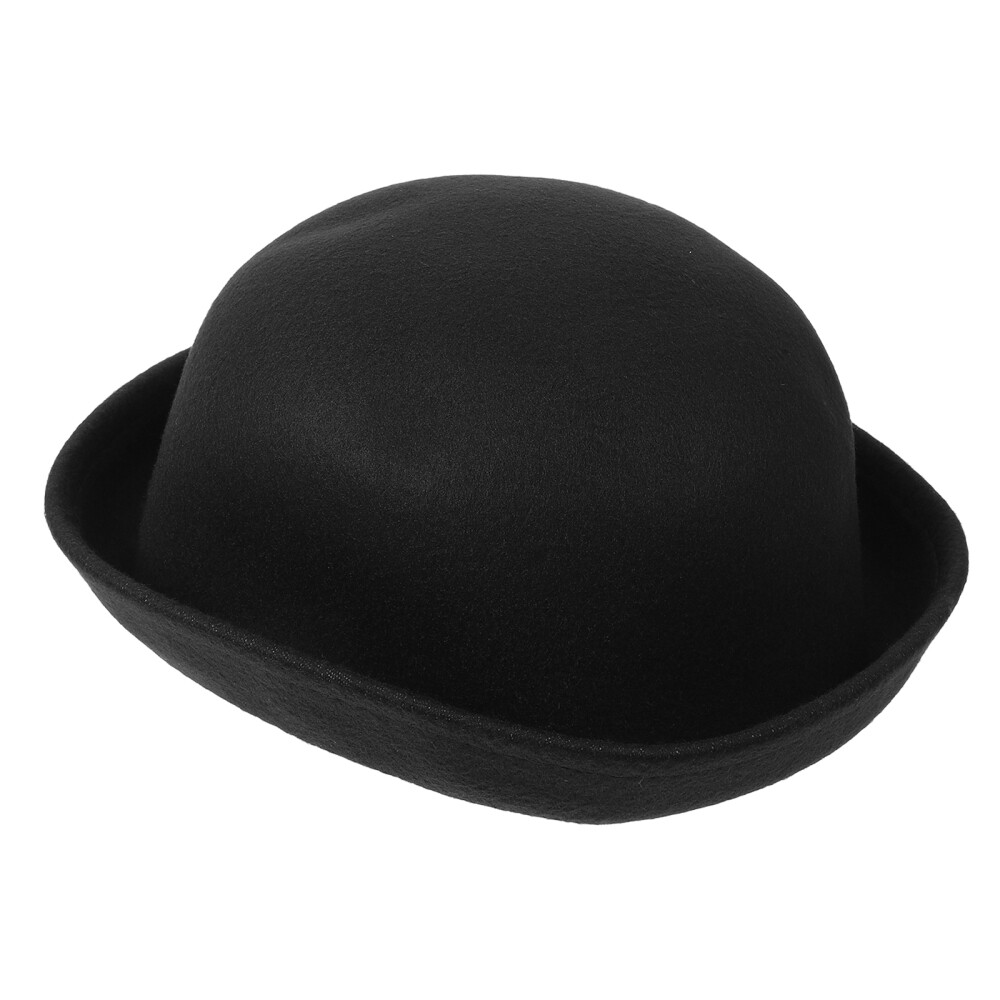 Women's Girls Roll-up Brim Wool Dome Hat Bowler (Black) Women