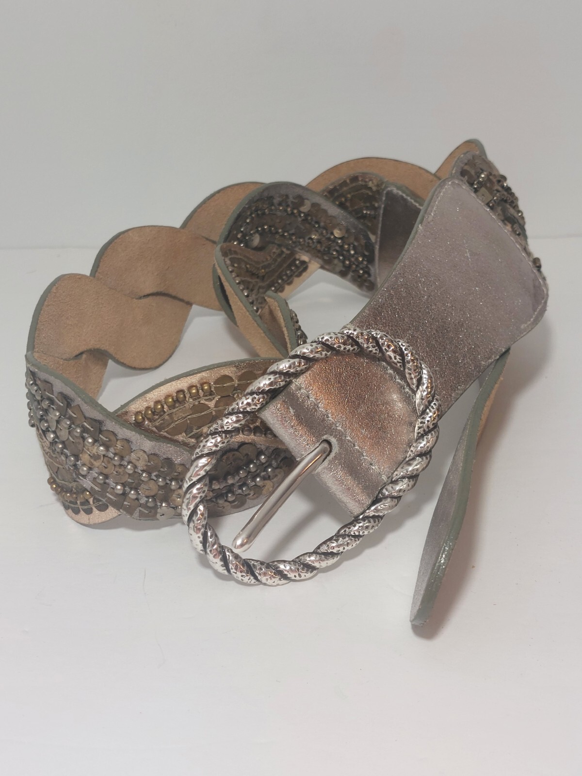 Statement Belt Metallic Silver Gold Braided Leather Sequins xl 38 40 Boho