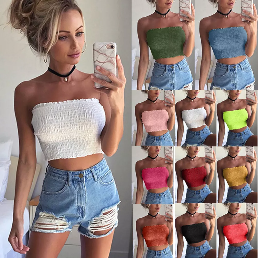 Women Off Shoulder Crop Tops Elastic Tube Tops Bra Blouse Strapless Bandeau  Vest