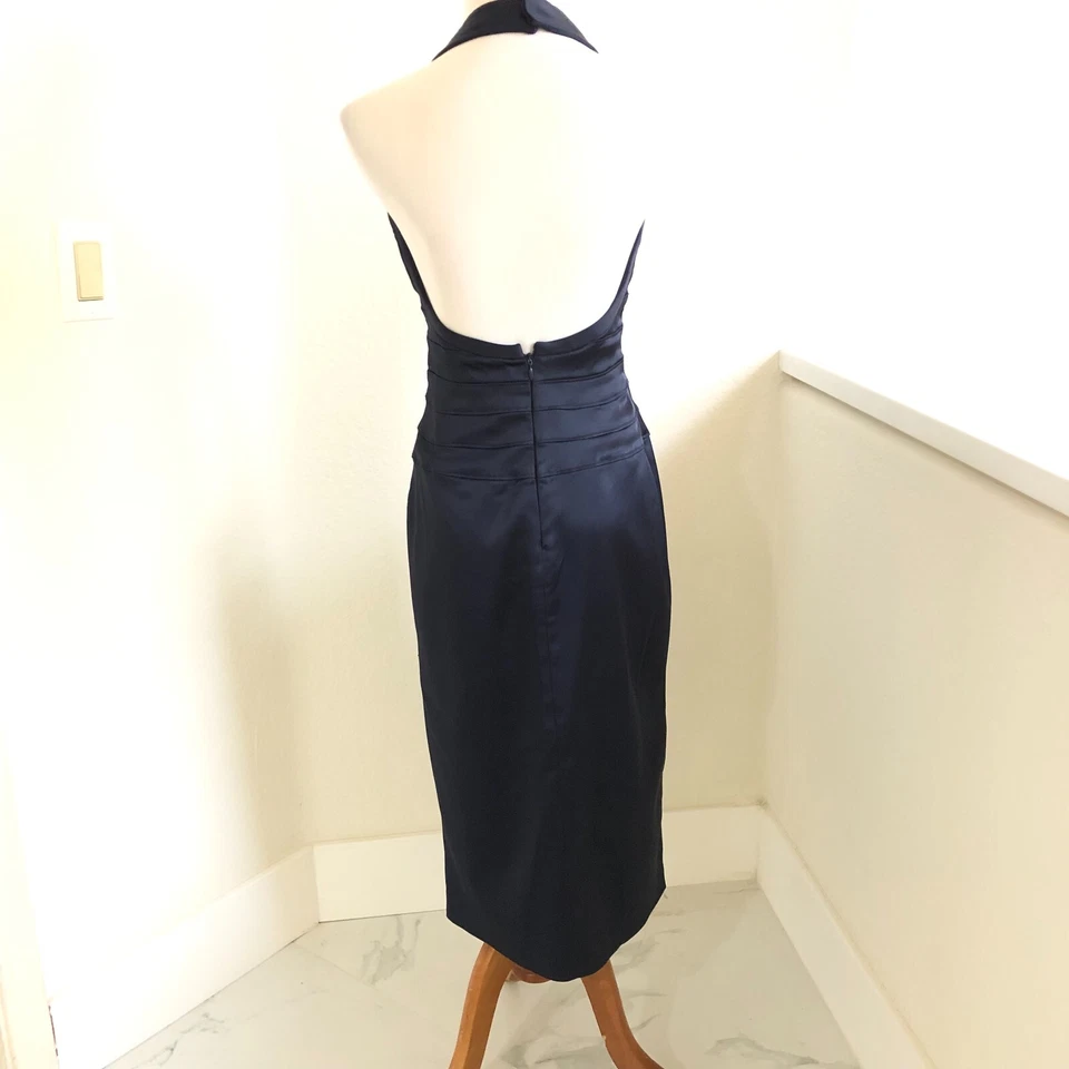 Vestido Adrianna Papell Boutique Azul Marino Halter Satinado Sin Espalda Talla 6 Formal Foto 3 de 4