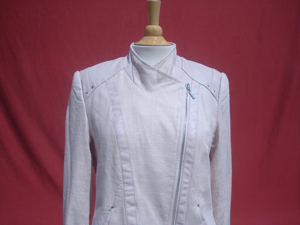 Nueva Chaqueta Blazer Mark Zunino Rosa Claro Cuero Borde Rayón Lino Para Mujer Talla 8 Foto 2 de 4