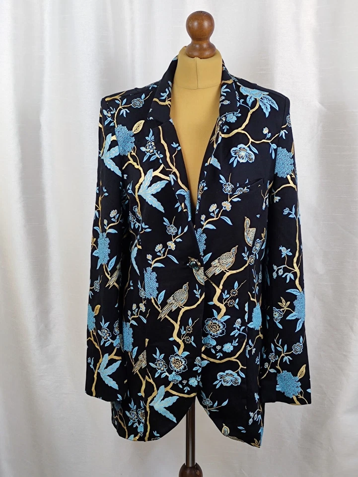 Soft Surroundings Sz L Blazer Chinoiserie Bird Floral Black Aqua Gold Dressy - Image 3 of 4