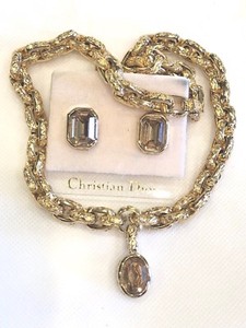 Authentic Stunning Vintage Christian Dior Gold Plated Topaz Glass Necklace and Earring Set
