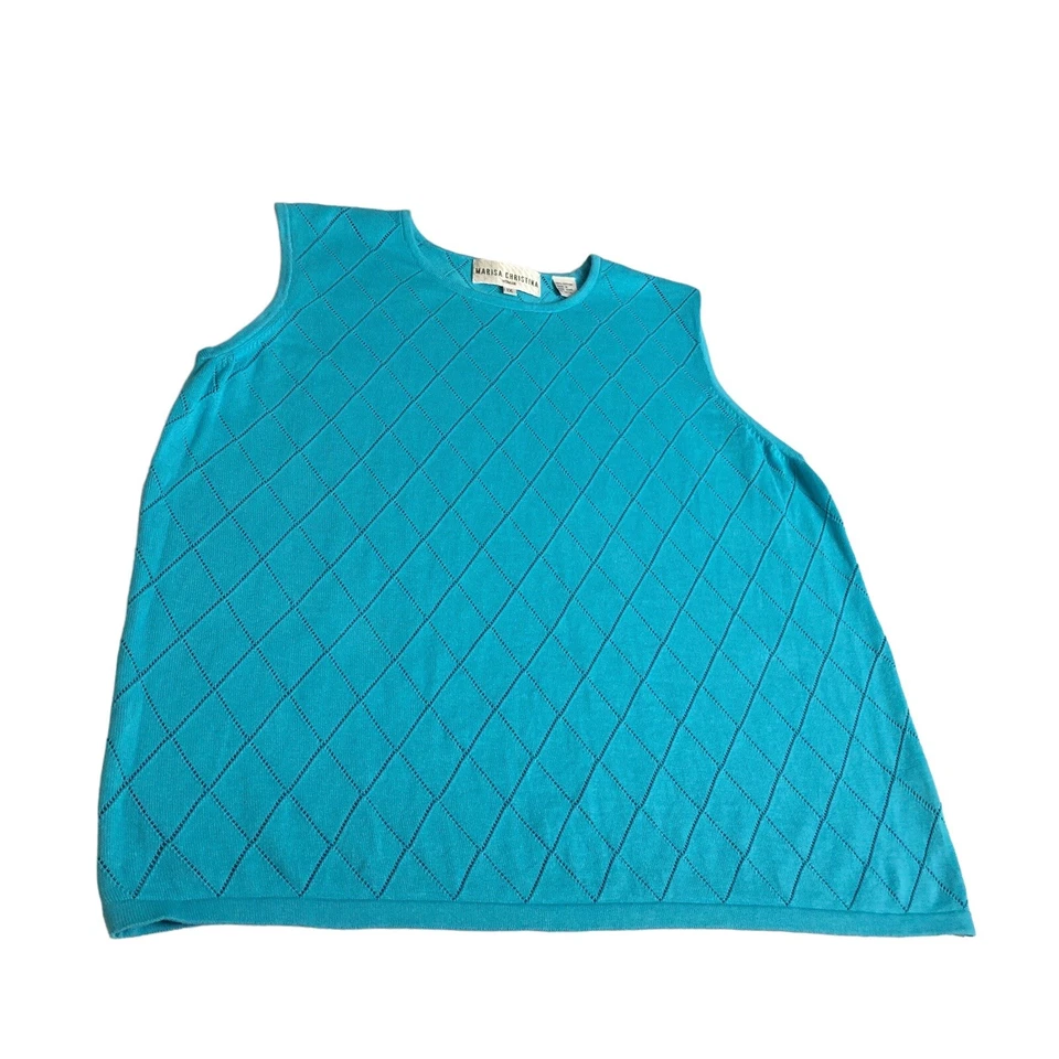 Vintage 90s Marisa Christina Sweater Top Womens 1X Blue Knit Tank Diamond Preppy - Image 3 of 4
