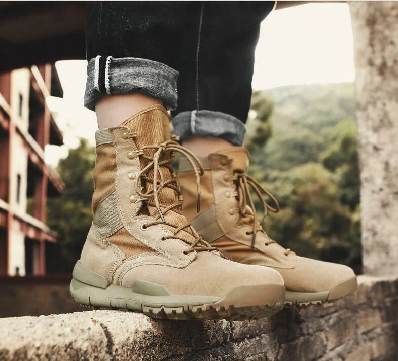 Khaki Suede Lace Up HIgh Top Sneakers Combat Boots Shoes