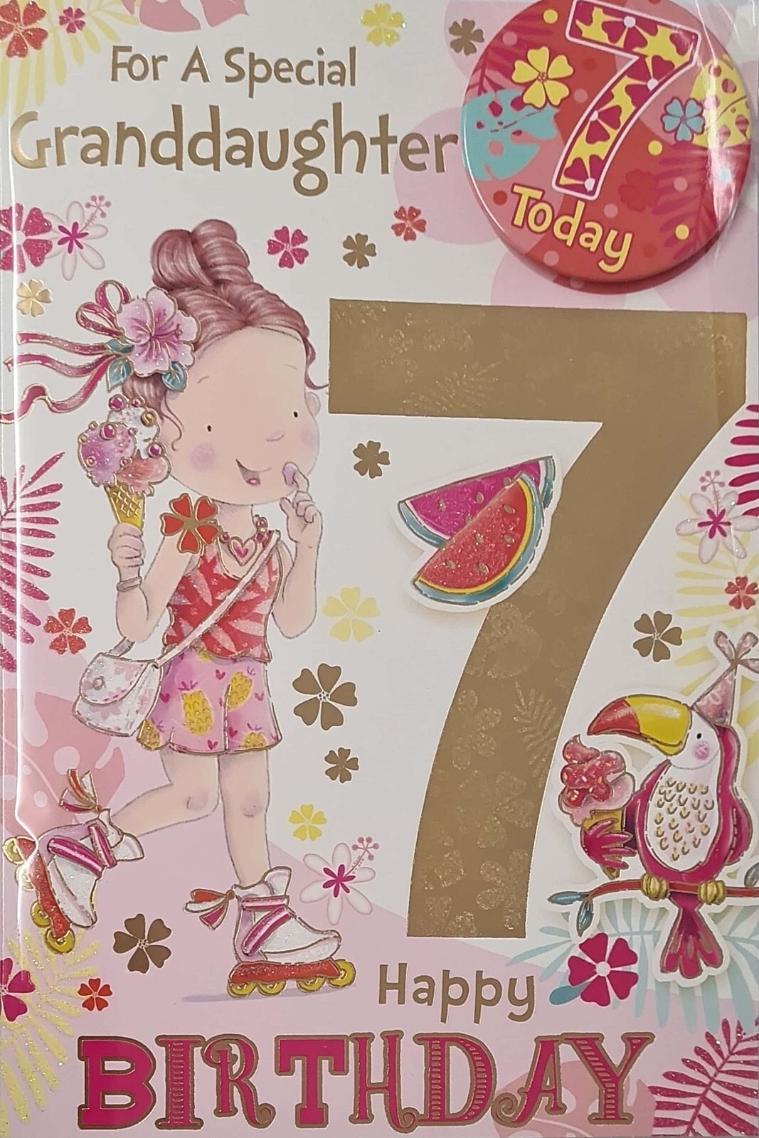 Happy 7th Birthday Card for a Special Granddaughter Girl Parrot with Badge