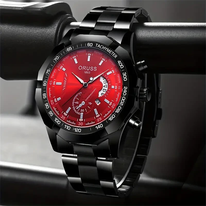 Men's Stylish Quartz Watch  Luminous Calendar Holiday Gift Red & Black