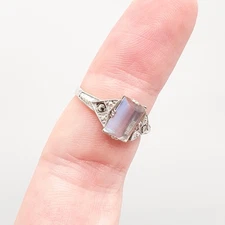 Antique Solid Silver Moonstone Ring Art Deco Genuine Real Gemstone Marcasite