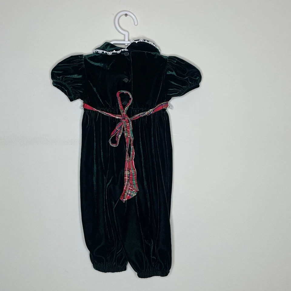 Vtg RARE EDITIONS Baby Girls Green Velvet One Piece Romper Holiday Christmas 12M - Image 4 of 4