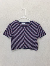 Zara Trafaluc Women Top Small Blue Striped Cotton Blend Short Sleeve Cropped Fit