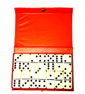 Vintage Domino Cardinal 28 piece set Ivory Black dots Red vinyl case Excellent