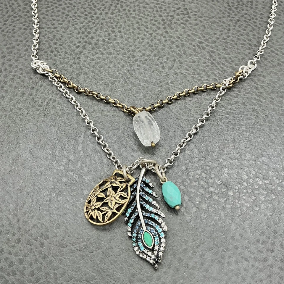 Collar Boho Marca Lucky Plata Tono Dorado Turquesa Cuentas Pluma Colgante 24" Foto 4 de 4