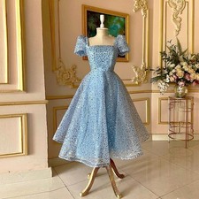 Bling Square Collar Evening Dress Lacing-Up Regular Sleeve Tea Length Prom Dress