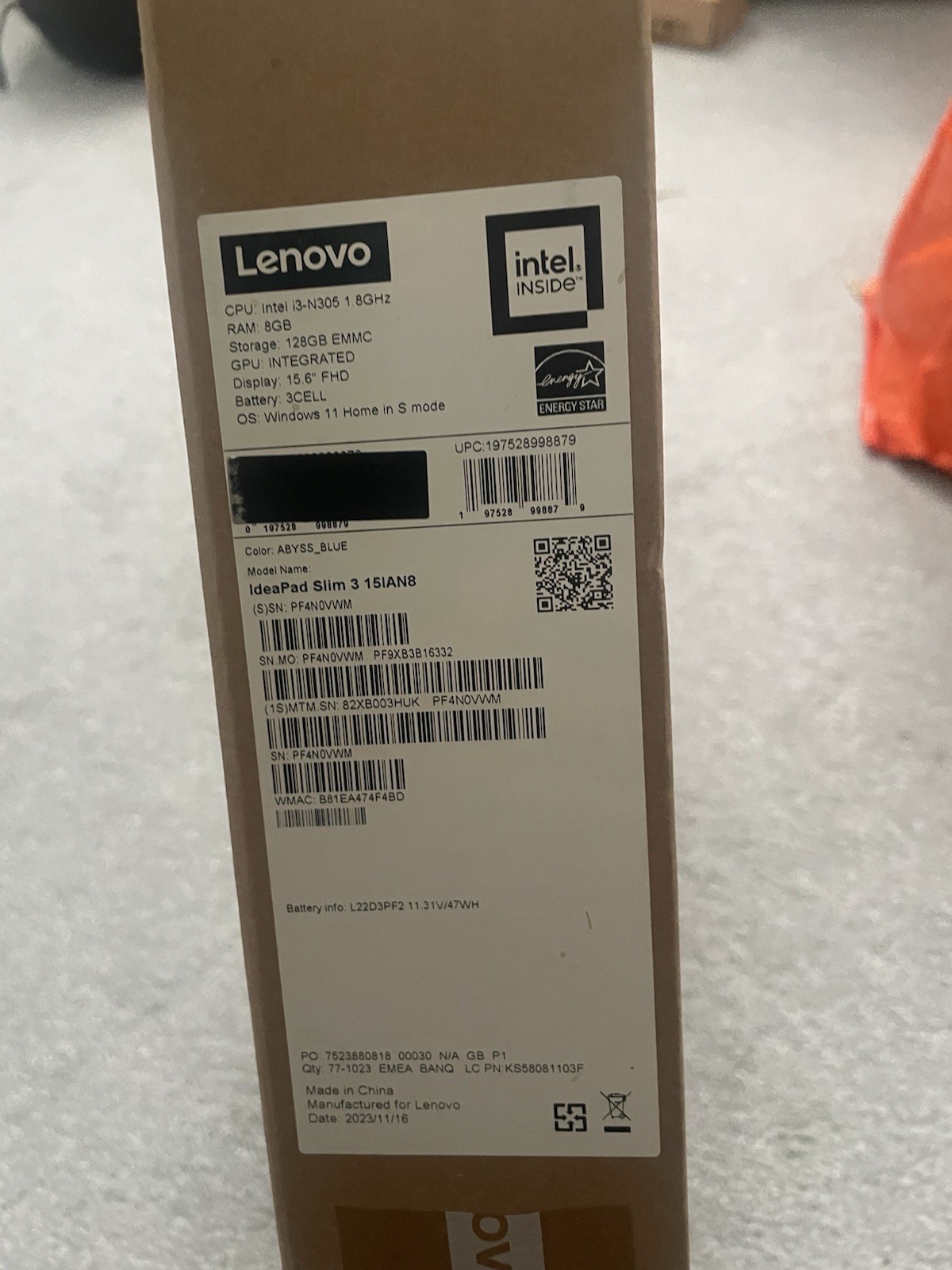 Lenovo IdeaPad Slim 3i Laptop 15.6"" Core i3 8GB 128GB Blue 82XB003HUK