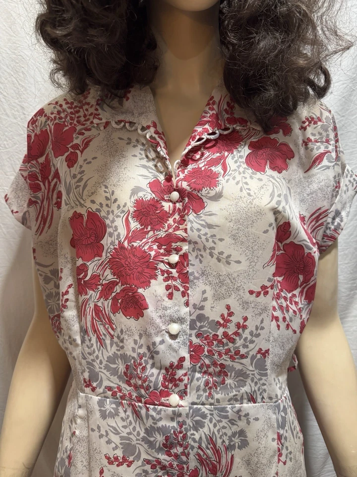 Vestido Vintage Años 40-50 Coral Nailon Estampado Floral Talla L/XL Foto 3 de 4