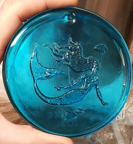 Blenko Handmade Glass Mermaid Suncatcher Ornament in Turquoise/Blue Signed