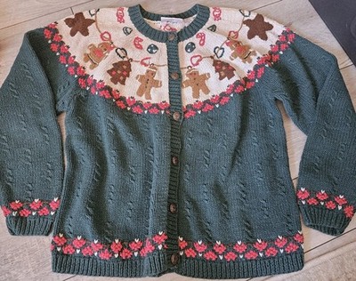 VTG 80s Holiday Lodge NorthCrest Christmas Gingerbread Cardigan Green M Retro 11